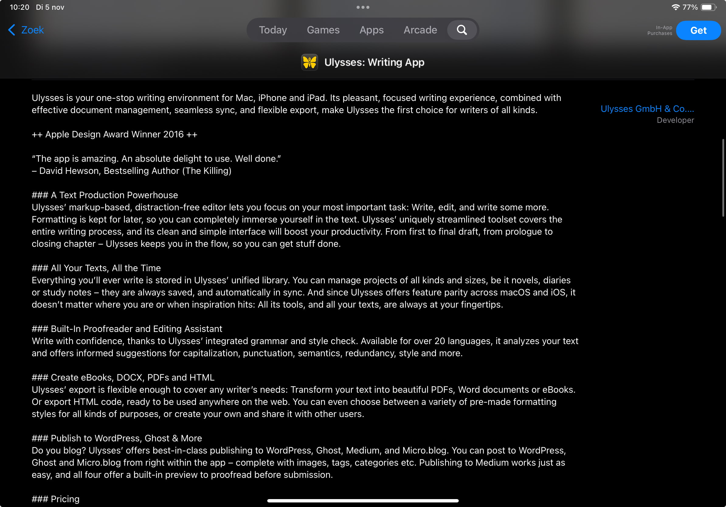 an app listing for ulysses in the apple app store showing the description