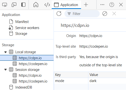 Screenshot of the top of Edge devtools, with Application tab open. The key “mode” and value “dark” saved in cdpn.io’s local storage is shown.