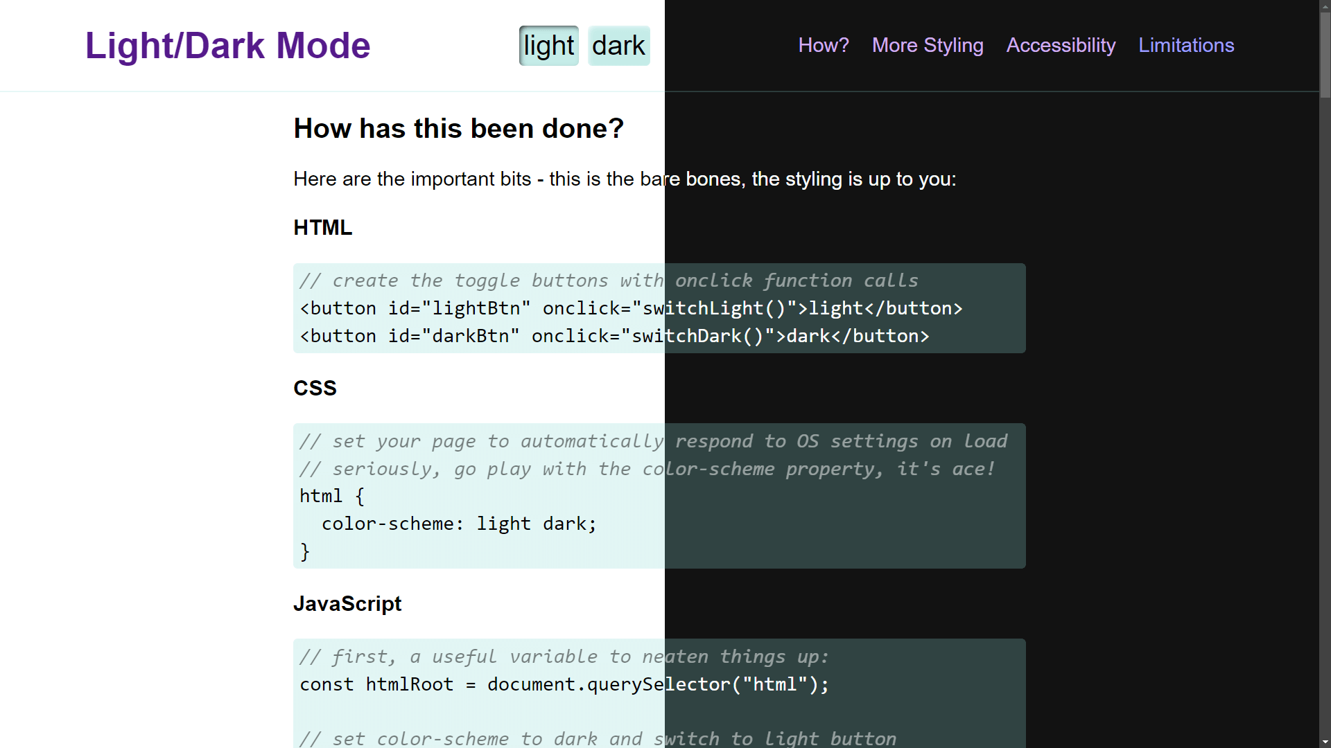 Screenshot of a website split into its dark and light modes, showing code blocks with gentle background colors split across both