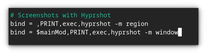 Add Hyprshot keybindings to Hyprland config file.