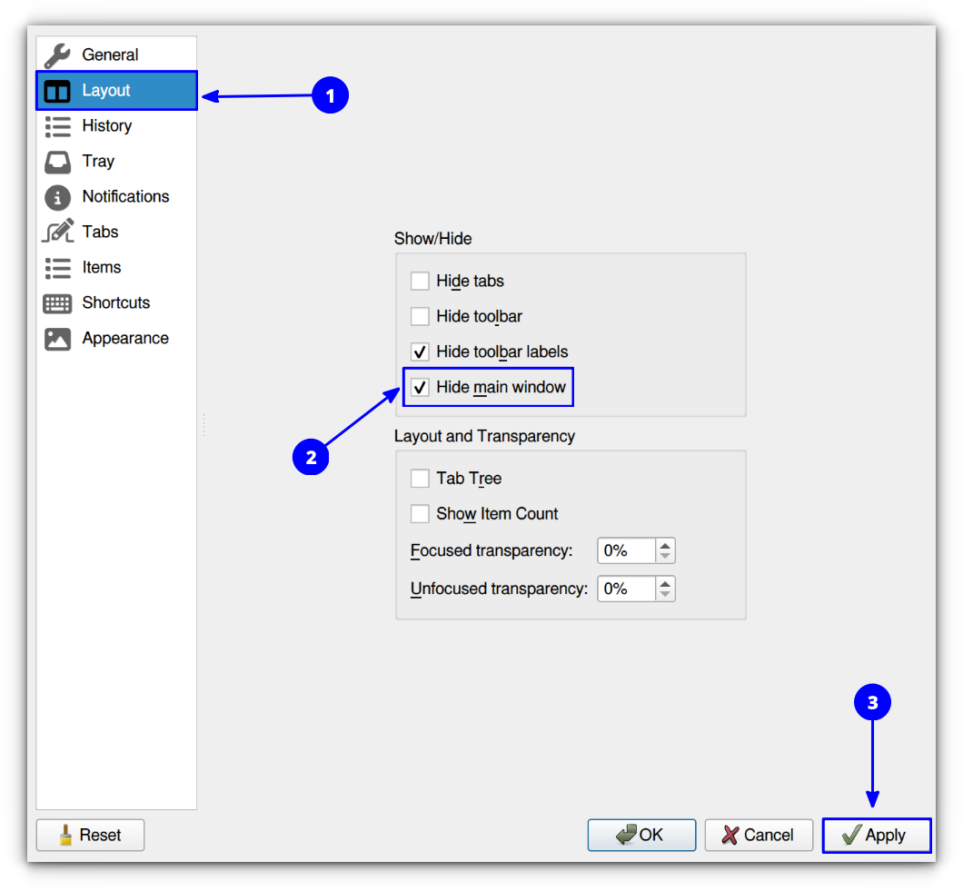 Hide main window option enabled in Copyq preferences.