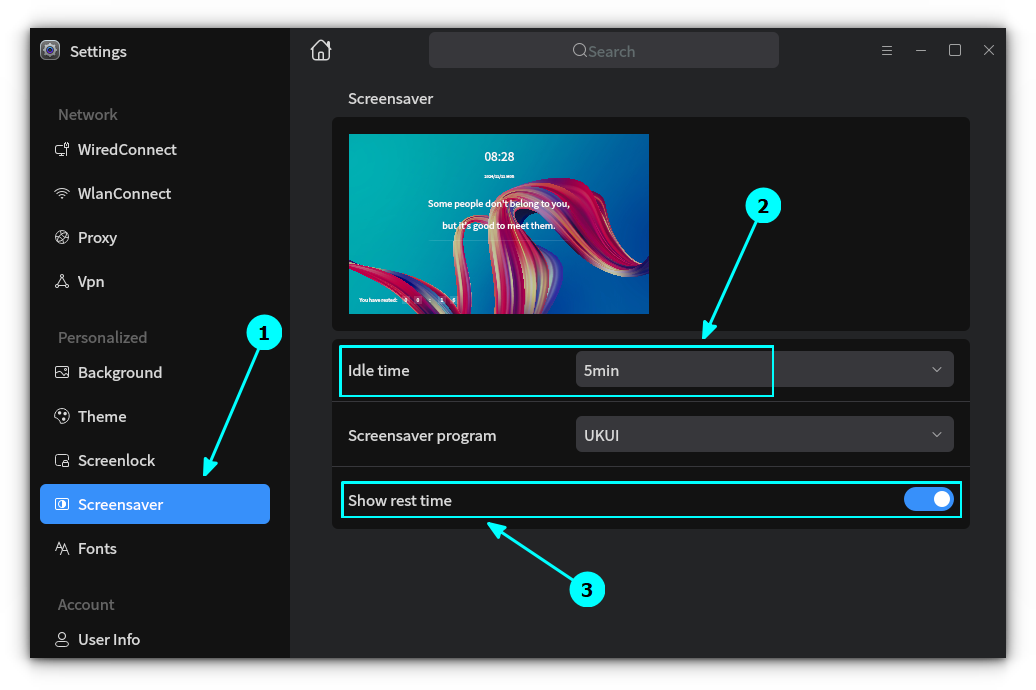 Screensaver settings in UKUI system settings.