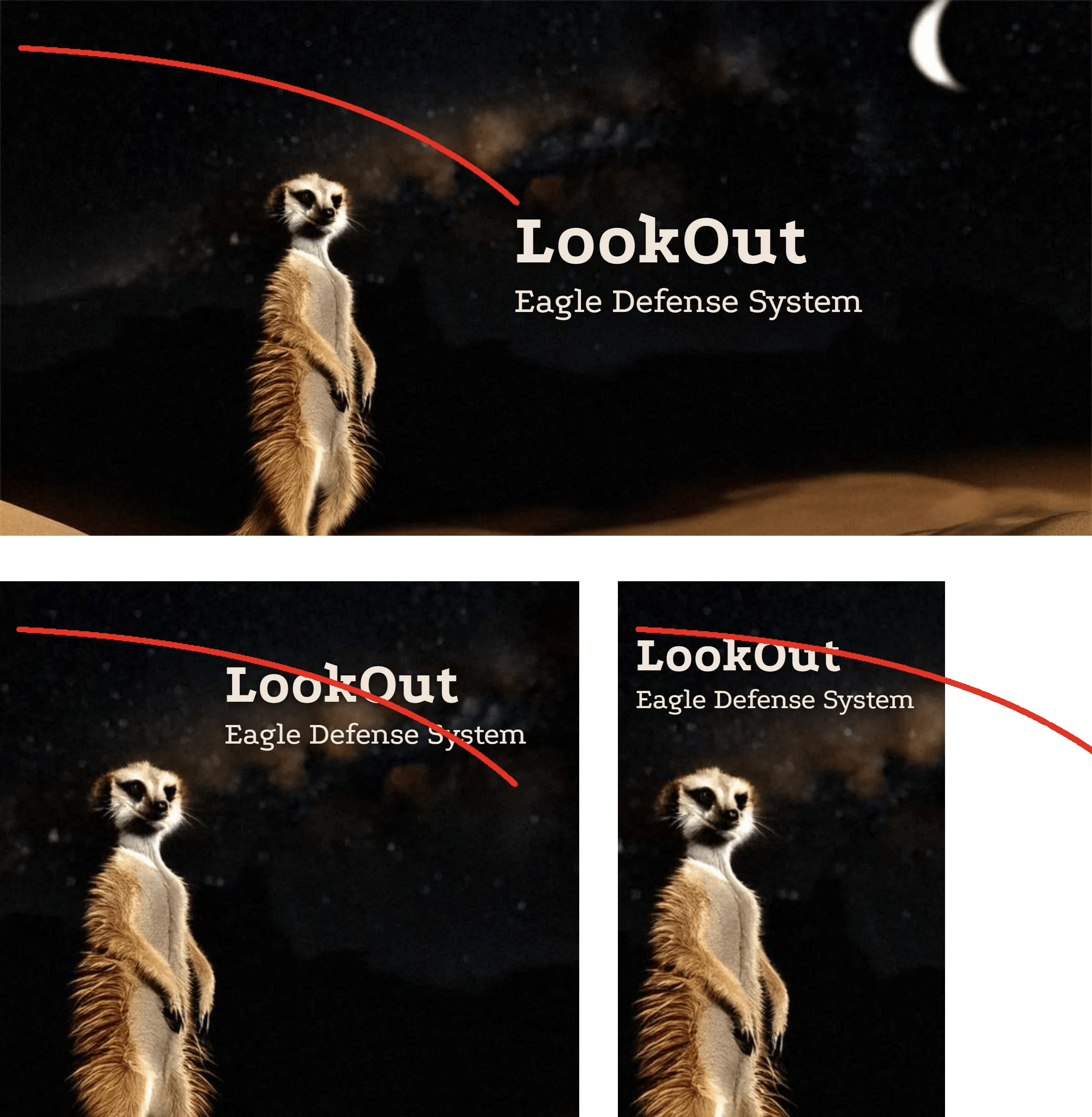 Showing the path the heading travels as the hero banner goes from a desktop size to a tablet size to a mobile size. The path makes a smooth curve as it travels over the meerkat.