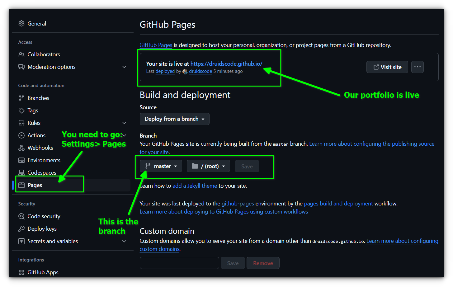 enabling github pages from the settings