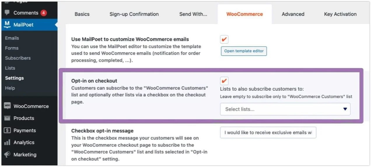 MailPoet Settings for WooCommerce opt-in display options.