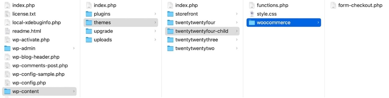 WooCommerce customized template path for child theme laid out in Apple Finder.