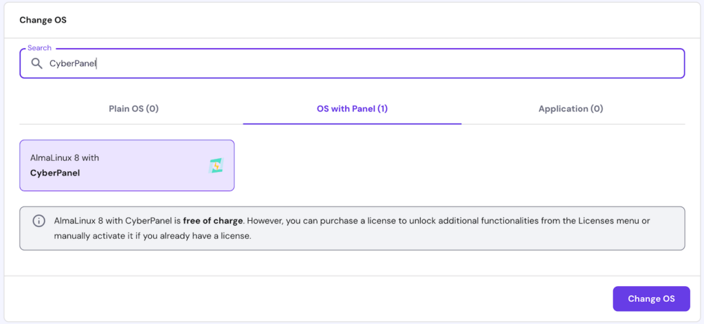 Hostinger's CyberPanel VPS template on hPanel