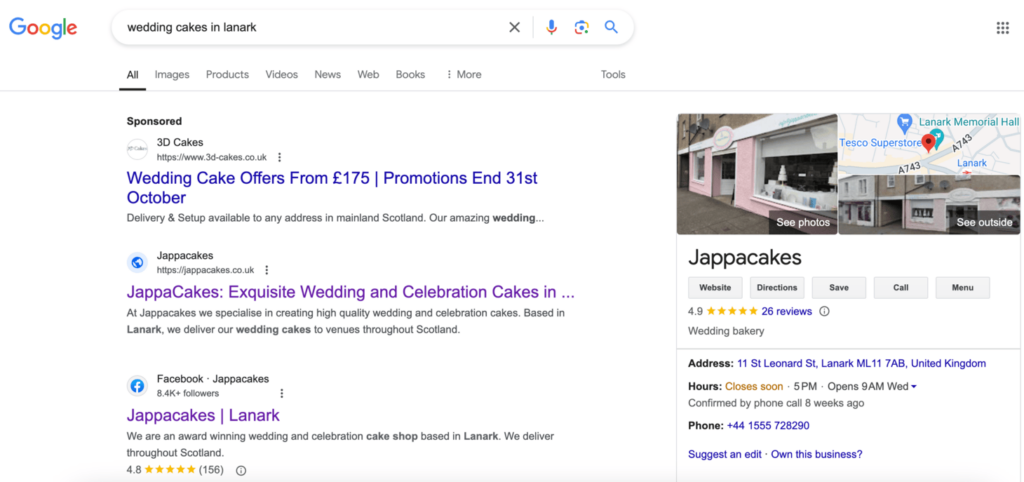 Google search results for "wedding cakes in Lanark"