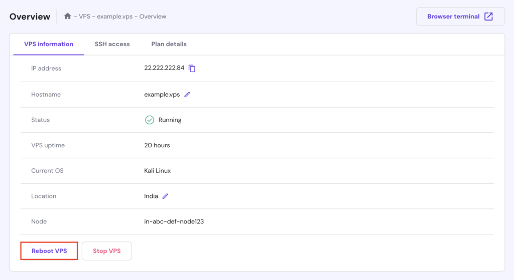 The Reboot VPS button in hPanel's VPS