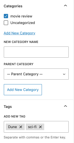 WordPress taxonomy, organizing a post using categories and tags
