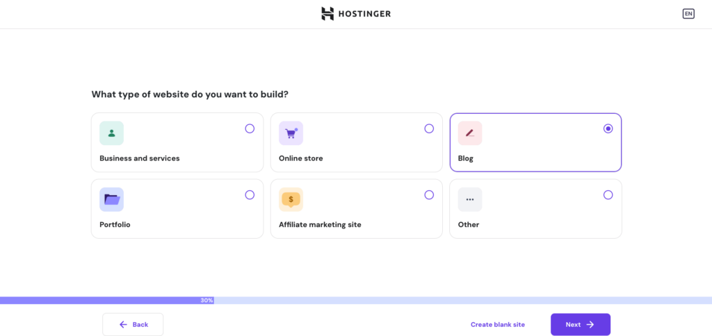 Hostinger WordPress onboarding, prompting user to select a type of website