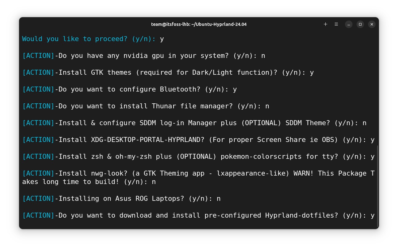 Hyprland installer asks necessary questions to get required configuration values.