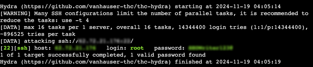 The output of a Hydra brute-forcing attempt