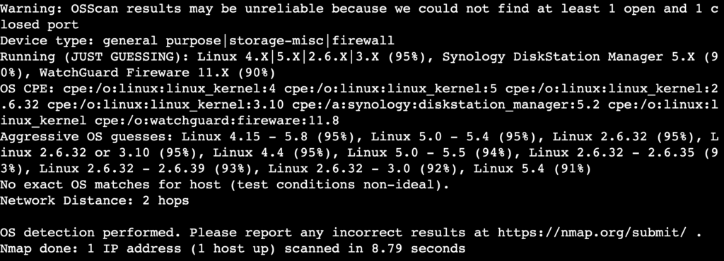 The output of the nmap -O command