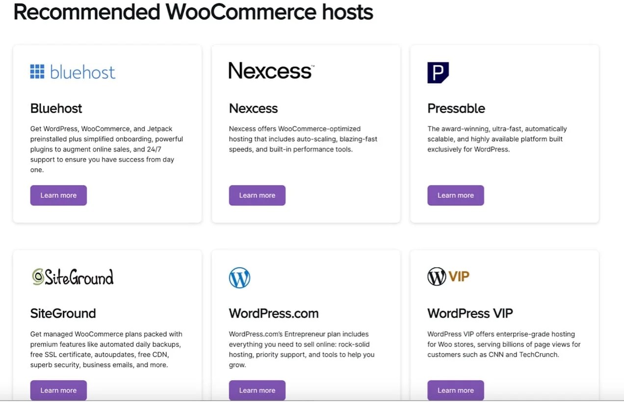 grid of recommended WooCommerce hosts