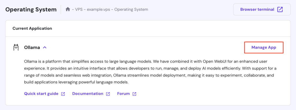 The Manage App button in hPanel's VPS after installing the Ollama template
