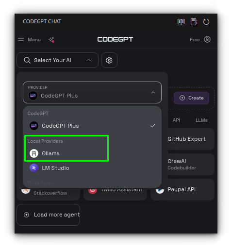 Inside CodeGPT, selecting Ollama as a local provider