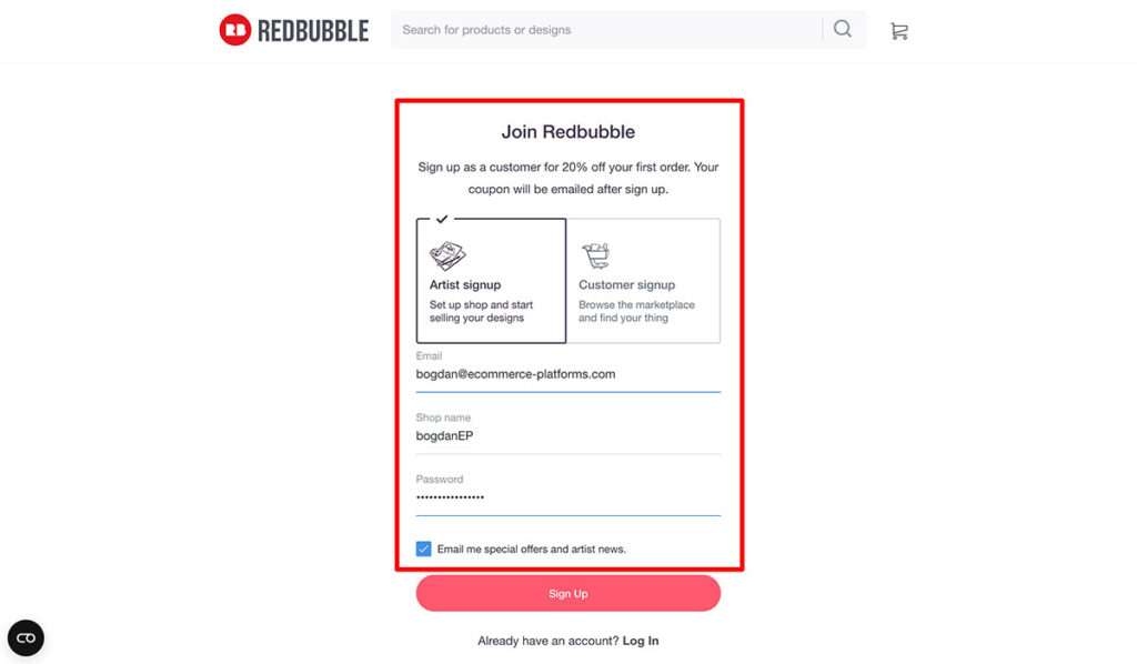 redbubble signup process