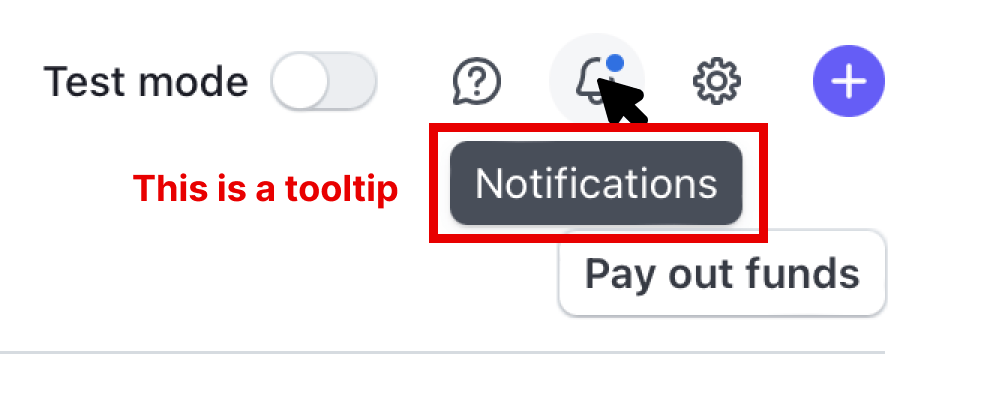 Hovering on top of a bell icon in Stripe's navigation. Clicking the icon triggers a notification displayed underneath it.