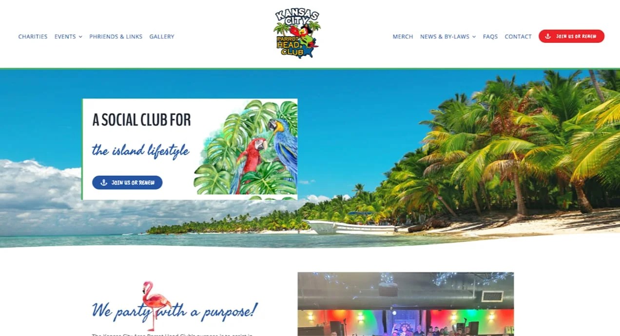 Kansas City Parrot Head Club homepage with hero CTA to join the club.