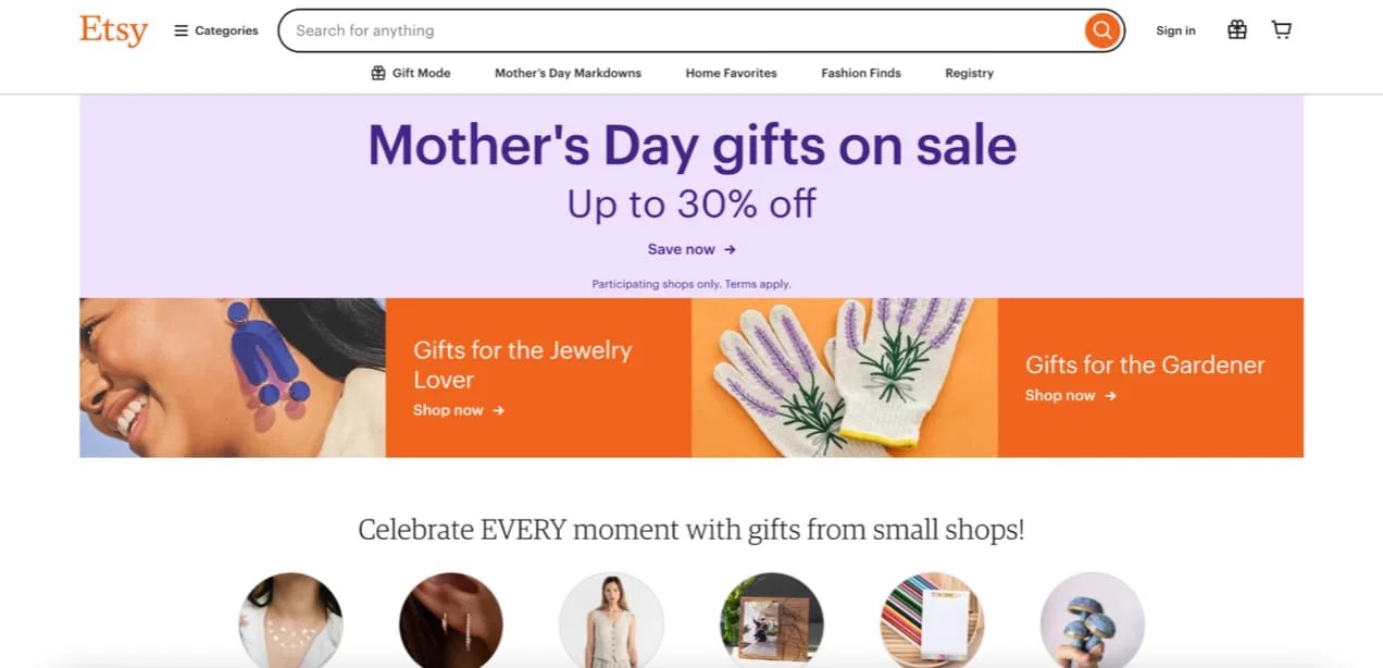 Etsy homepage with mother's day sale banner and the very top.