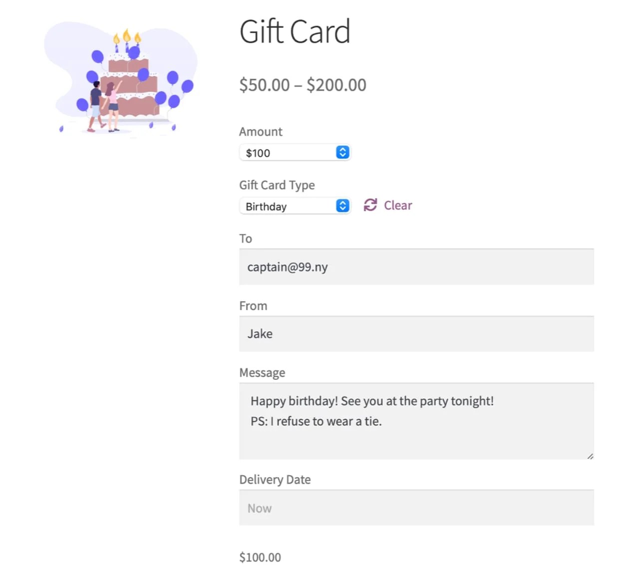 Gift card product form - to, from, message, delivery date, and cost.