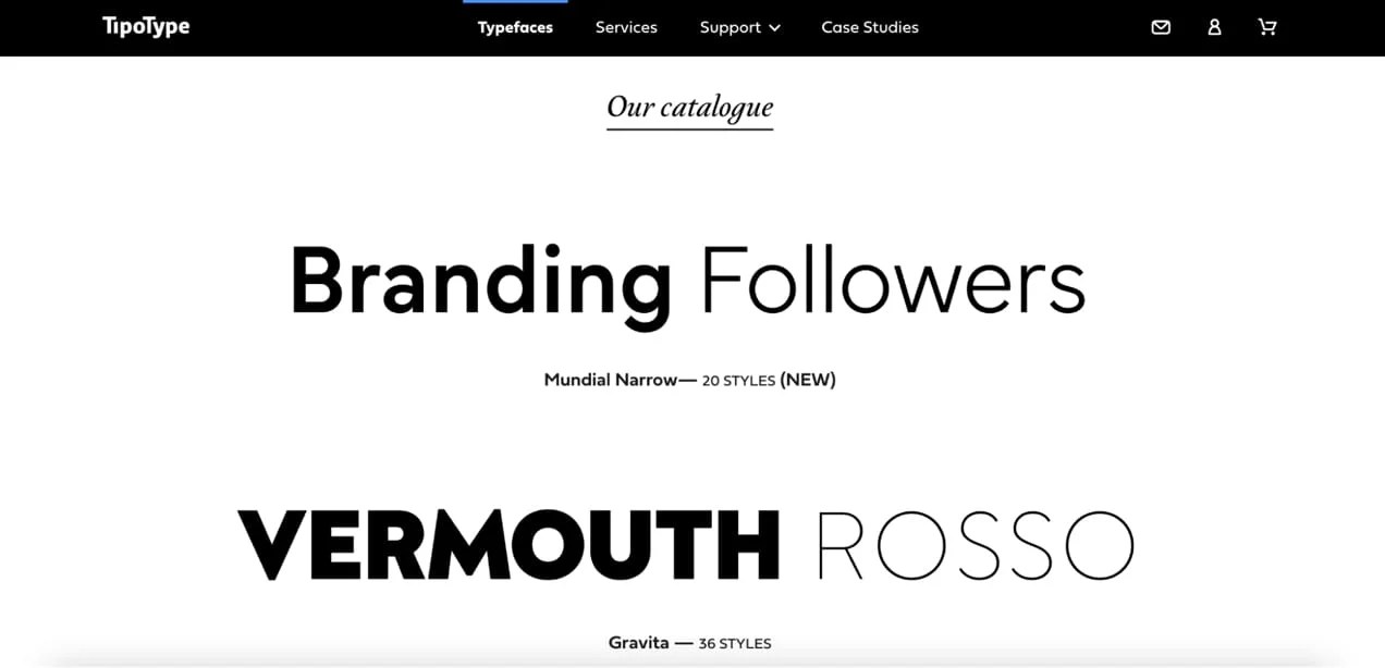 TipoType typefaces webpage featuring Branding Followers and Vermouth Rosso fonts.