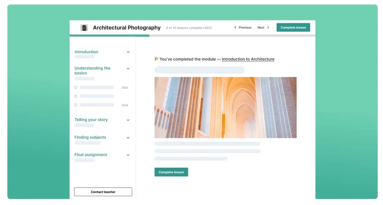 Architectural Photography course page with centered layout and left hand menu.