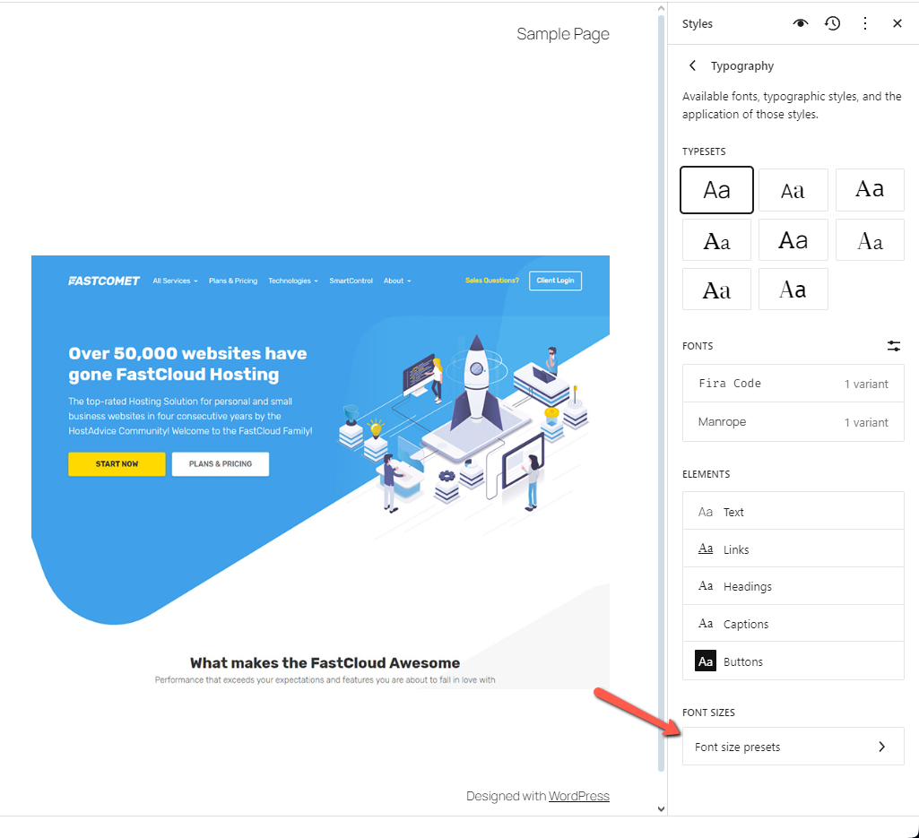 FastComet WordPress 6.7 Font Size Presets