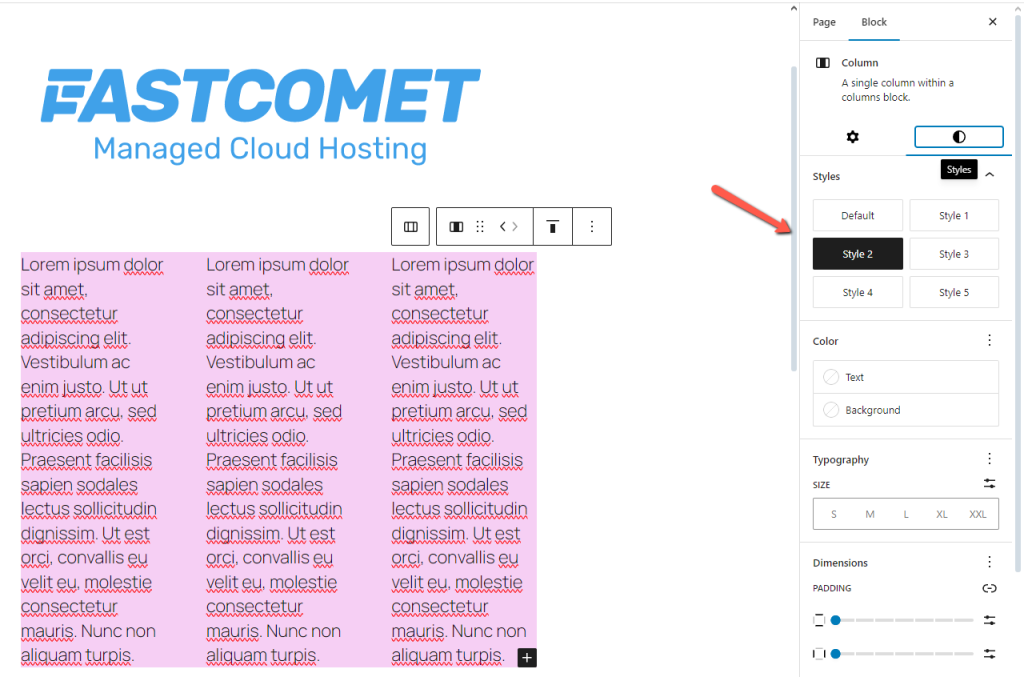 FastComet WordPress 6.7 Column Styles