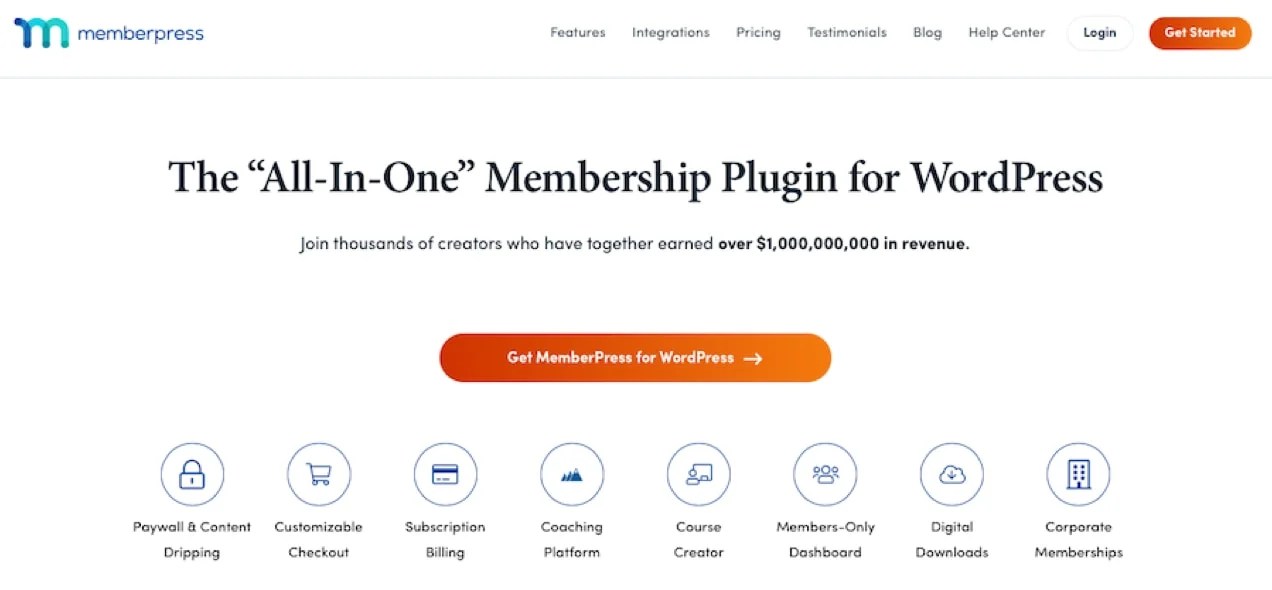 Memberpress page with header, title, paragraph, button, and icon links.