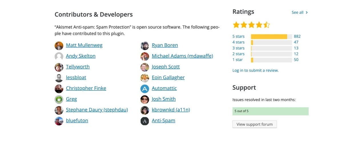 List of Akismet develops as well as overall plugin rating.