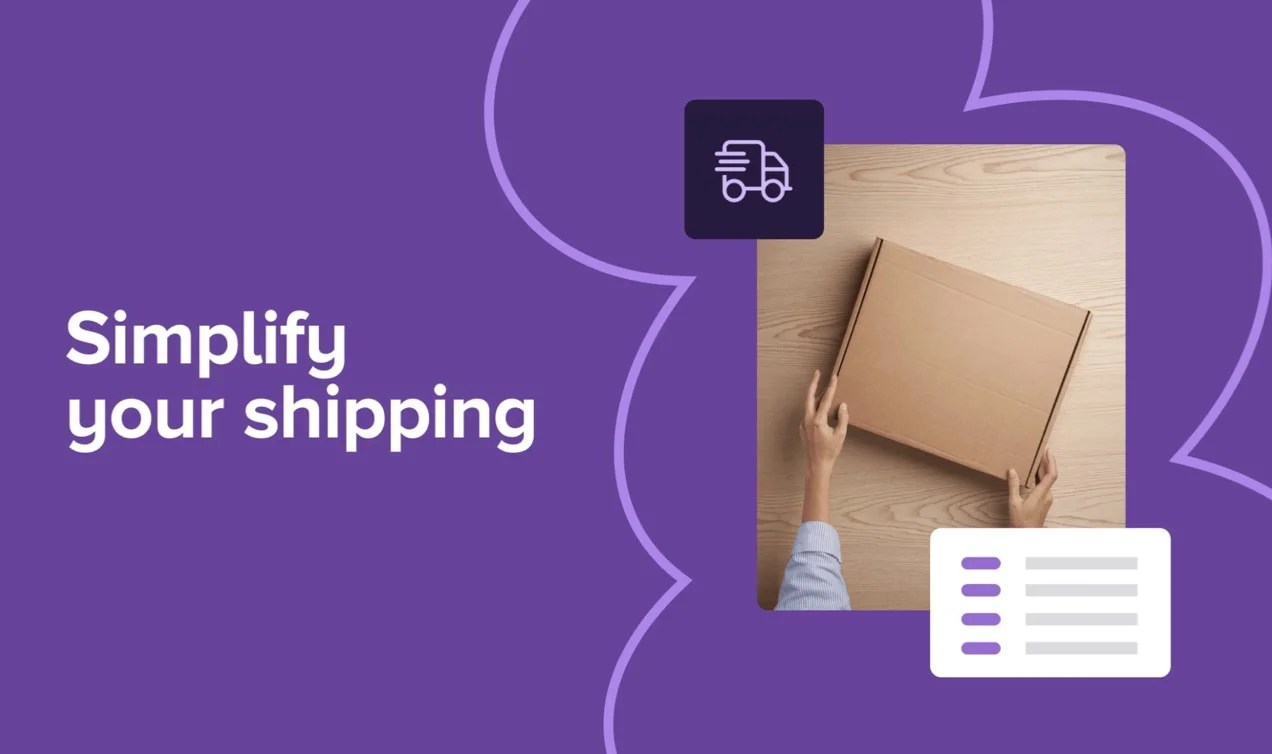 WooCommerce shipping callout with title and image of a box and related icons and graphics.