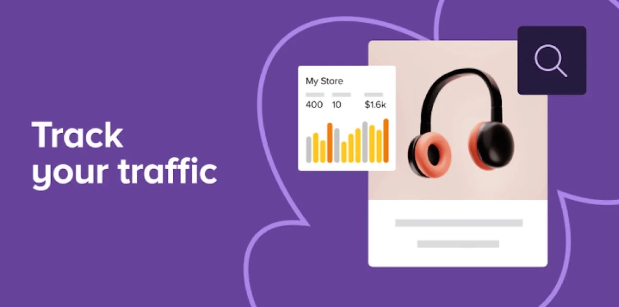 WooCommerce tracking callout with title, headphones product tile, as well as a search icon and generic graph.