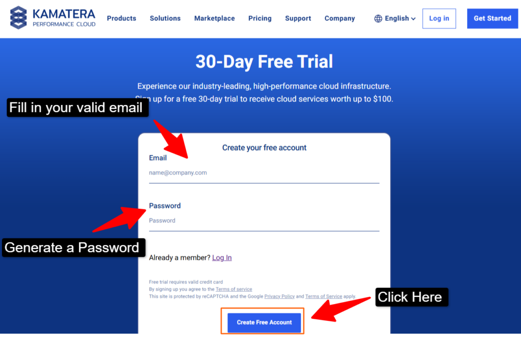 Register yourself for the 30 days free cloud server trial