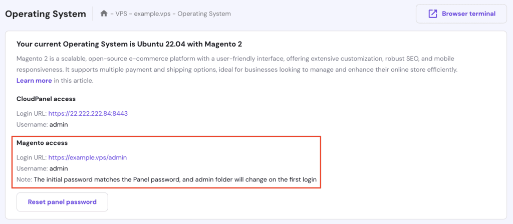 highlighted Magento access on Hostinger VPS operating system settings page