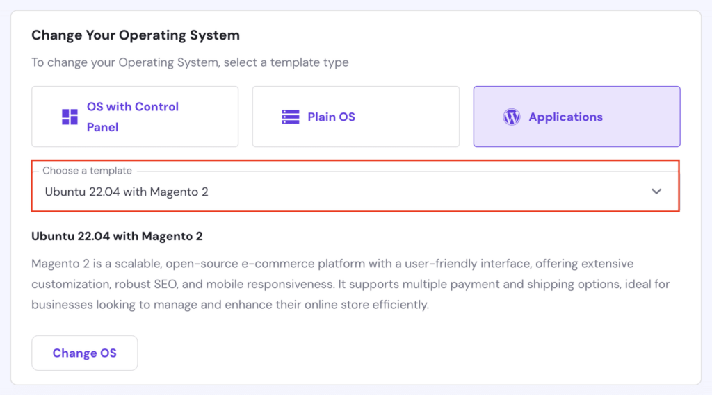 hoosing Magento 2 application on Hostinger VPS