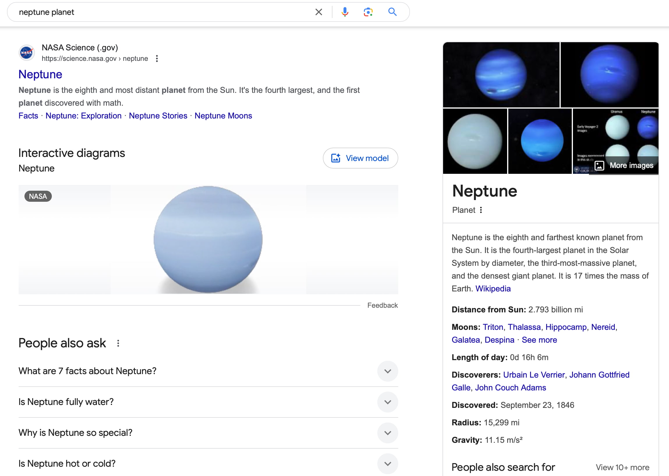 an example the serp features for the search term neptune planet