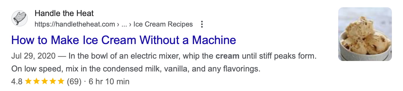 an example of a rich snippet in google showing a recipe with image and star rating