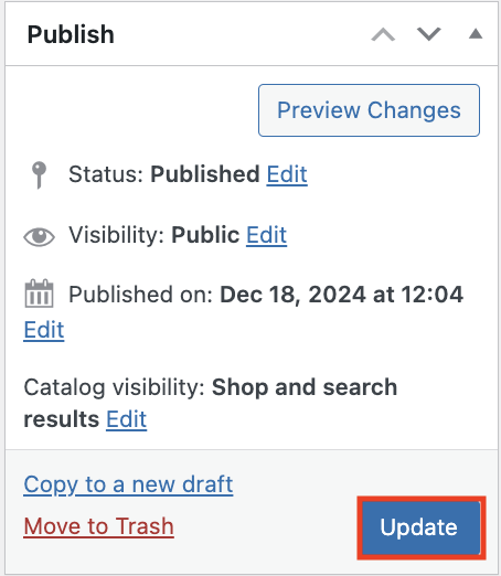 Update button in WooCommerce product page editor's Publish section