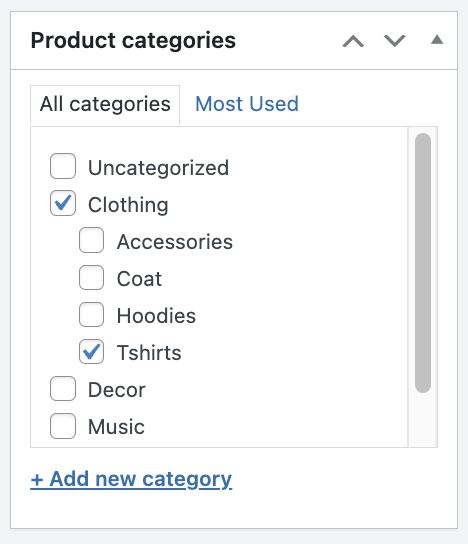 Product categories section in WooCommerce product page editor interface