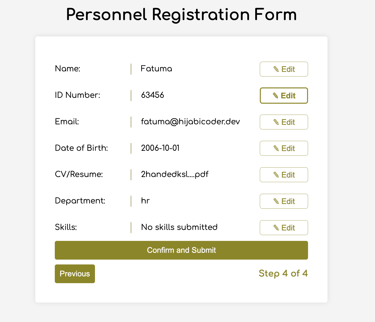 Personnel registration form displaying personal details with options to edit each field, a "Confirm and Submit" button, and navigation for previous steps.