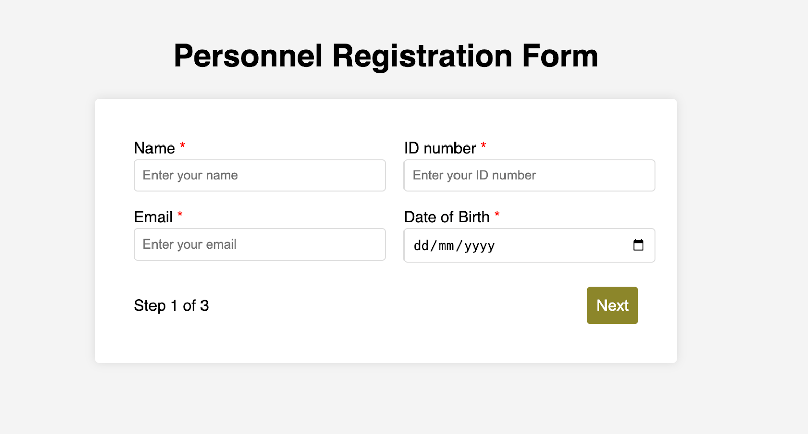 Page one of a three-page form with four fields in a two-column layout