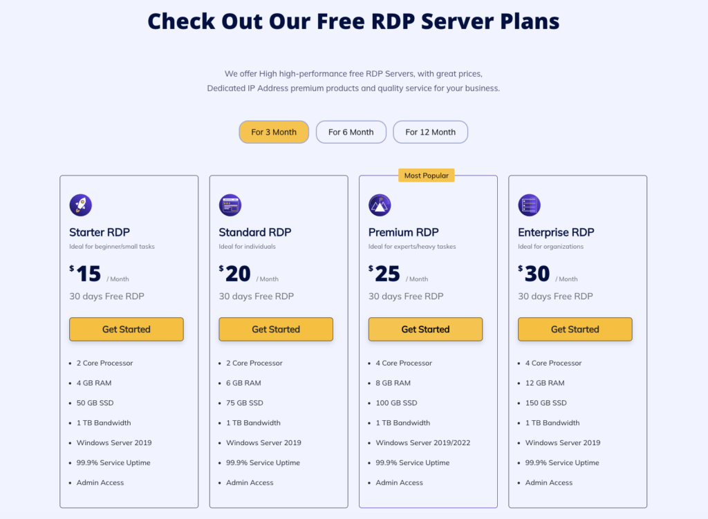 YouStable RDP plans