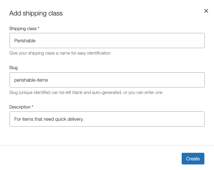 Shipping class creation form in WooCommerce