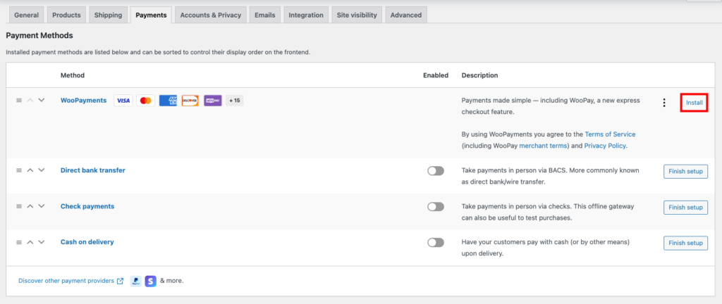 Installing WooCommerce Payments from the WooCommerce dashboard