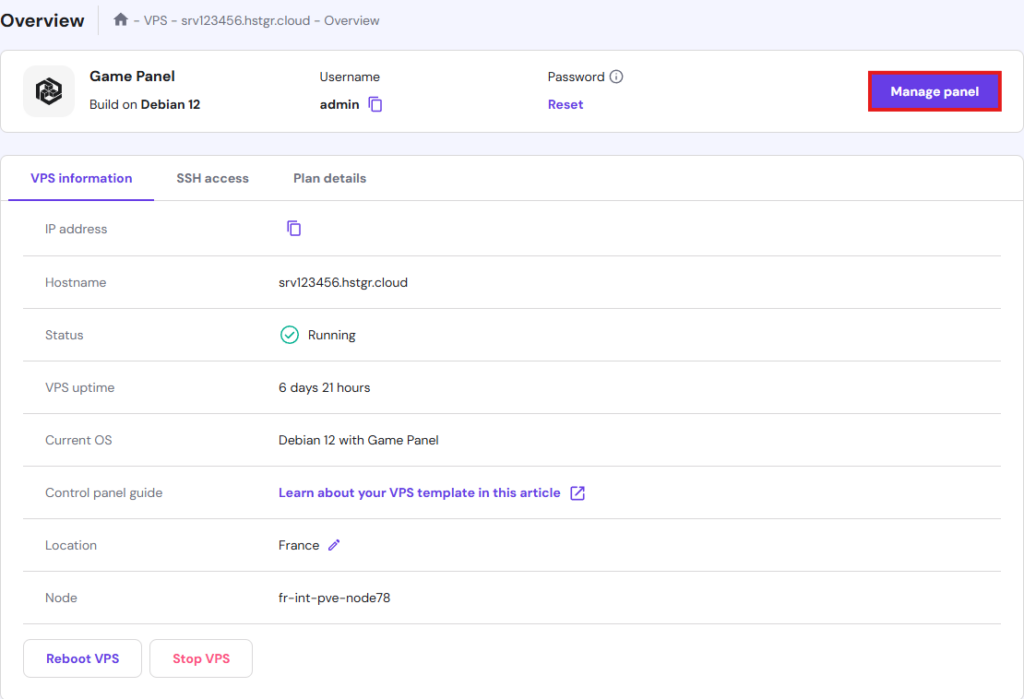 The Hostinger hPanel, showing the VPS Overview opened and the Manage panel button highlighted