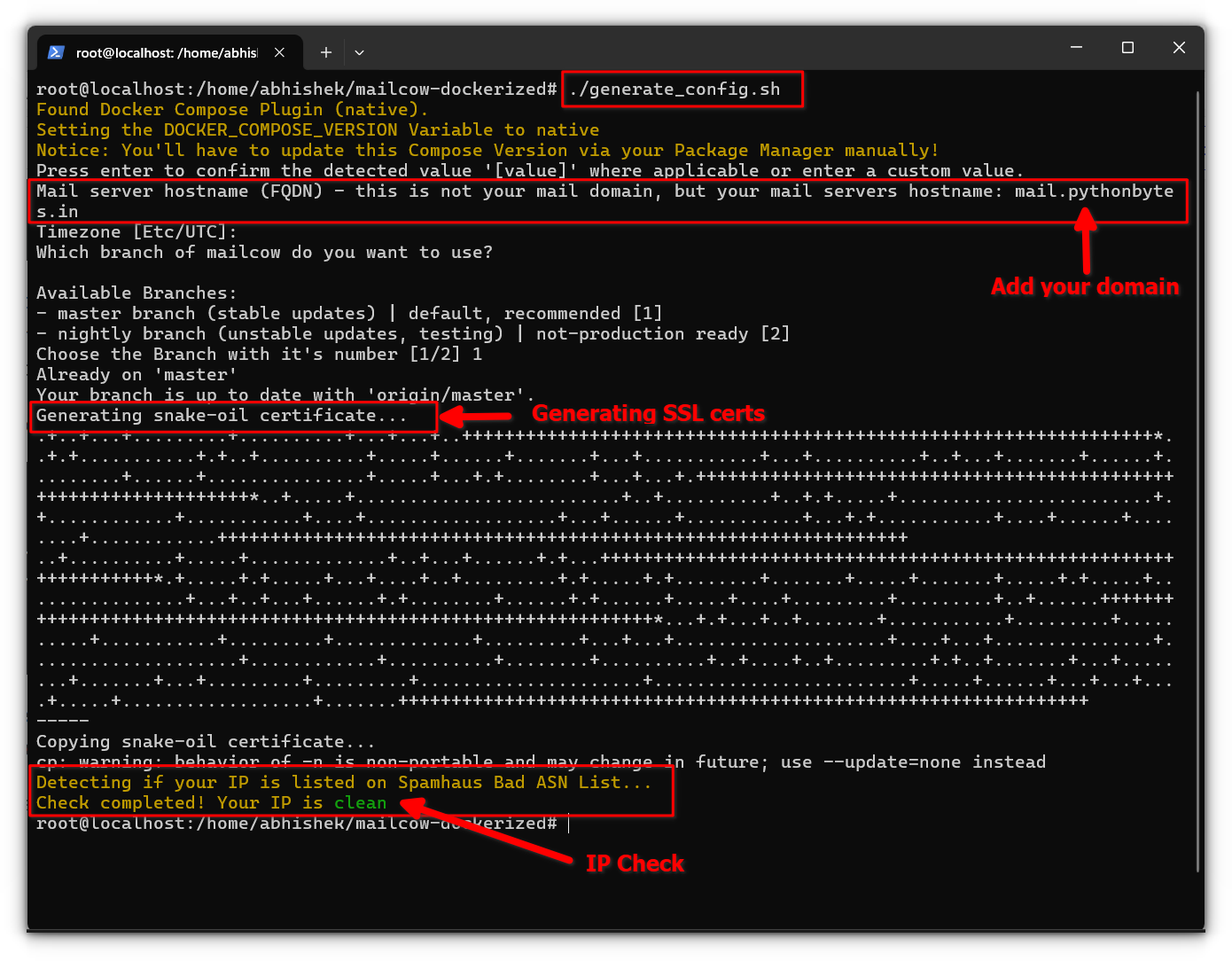 running the configuration script to generate the important files to run mailcow