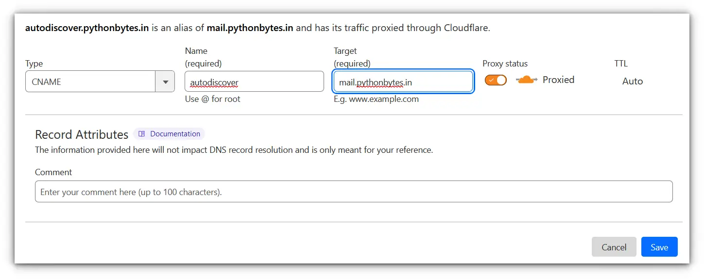 adding an CNAME record type with autodiscover to dns setting