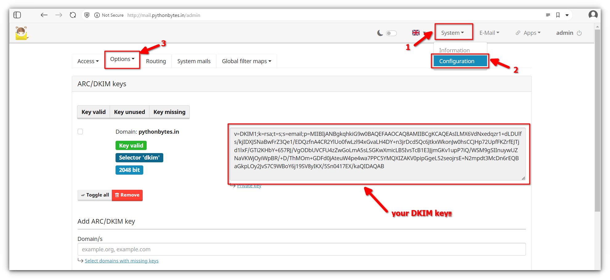 generating dkim key from the configuration menu